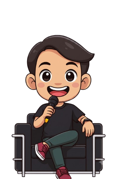 Welcome character holding a microphone